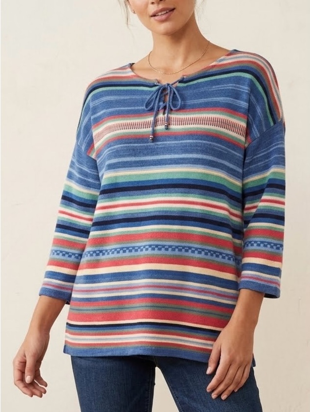 Chaps Boho Rainbow Striped Lace Up Knit Sweater Top Cotton Linen Blend Size XL